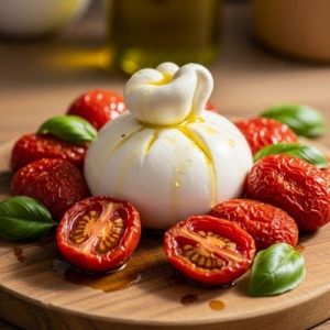 Burrata entière, tomates confites, basilicade